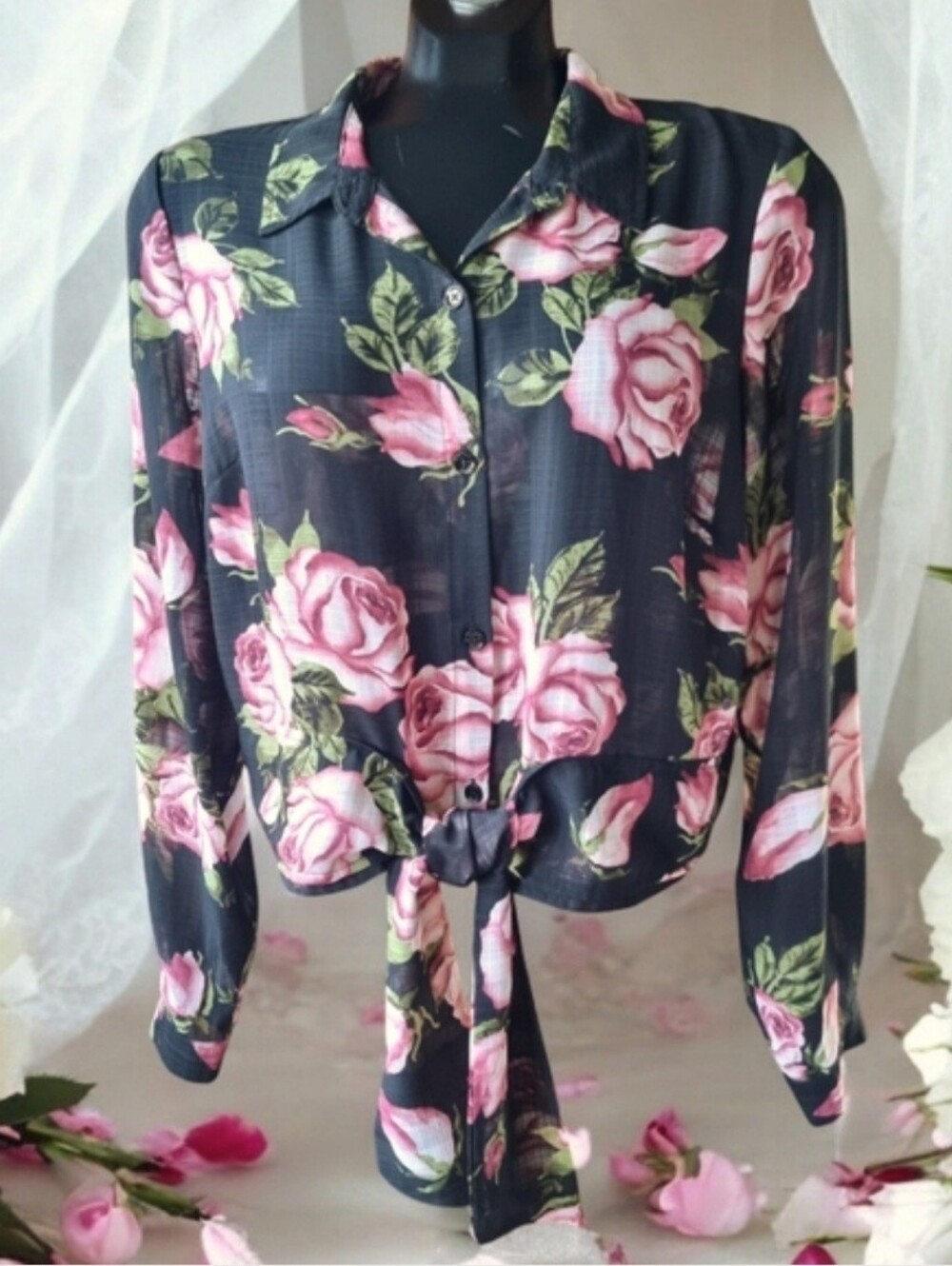 Guess Black Button-Down Tie-Front Blouse with Pink Roses Size L